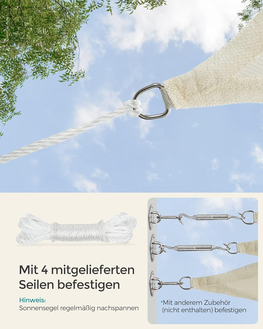 SONGMICS Sonnensegel 2 x 2 m, Sonnenschutz aus HDPE-Gewebe, luftdurchlässig, wasserdurchlässig, für