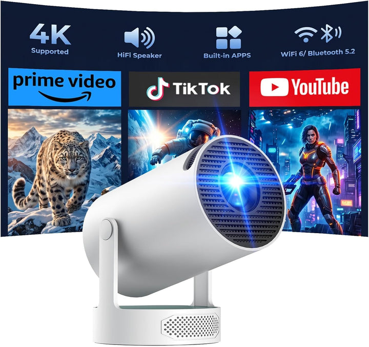 Mini Beamer mit Lautsprecher, Projector unterstützen 1080P 4K, Auto Keystone WiFi6 Tragbarer Beamers