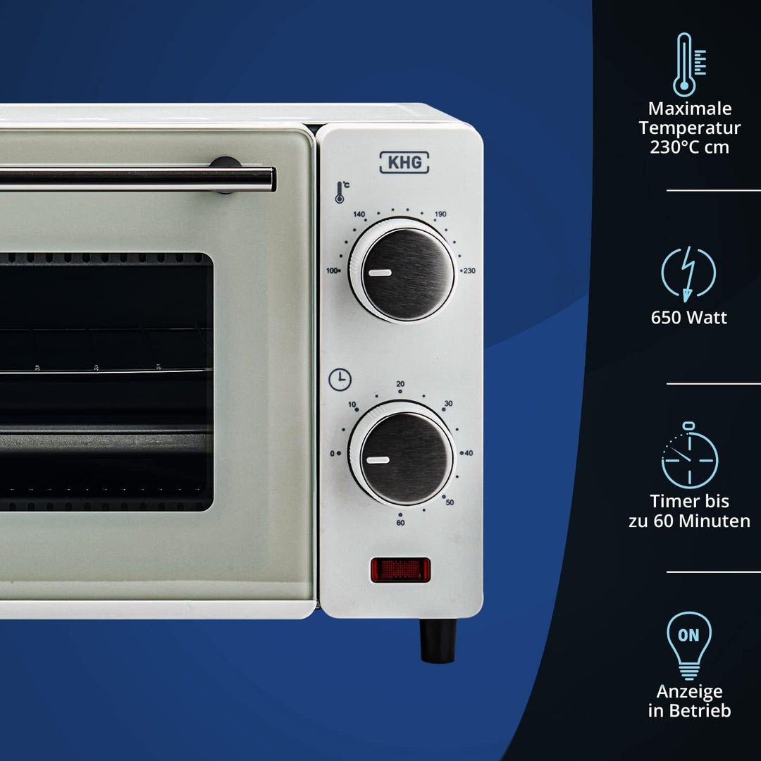 KHG Minibackofen MBO-10W aus Metall in weiss mit Ober-/Unterhitze, 10l Garraum, 650 Watt, inkl. Time
