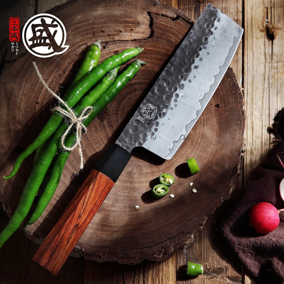 MITSUMOTO SAKARI 18 cm Handgeschmiedetes Küchenmesser Profi, Japanisches Nakiri Kochmesser, Hochkohl
