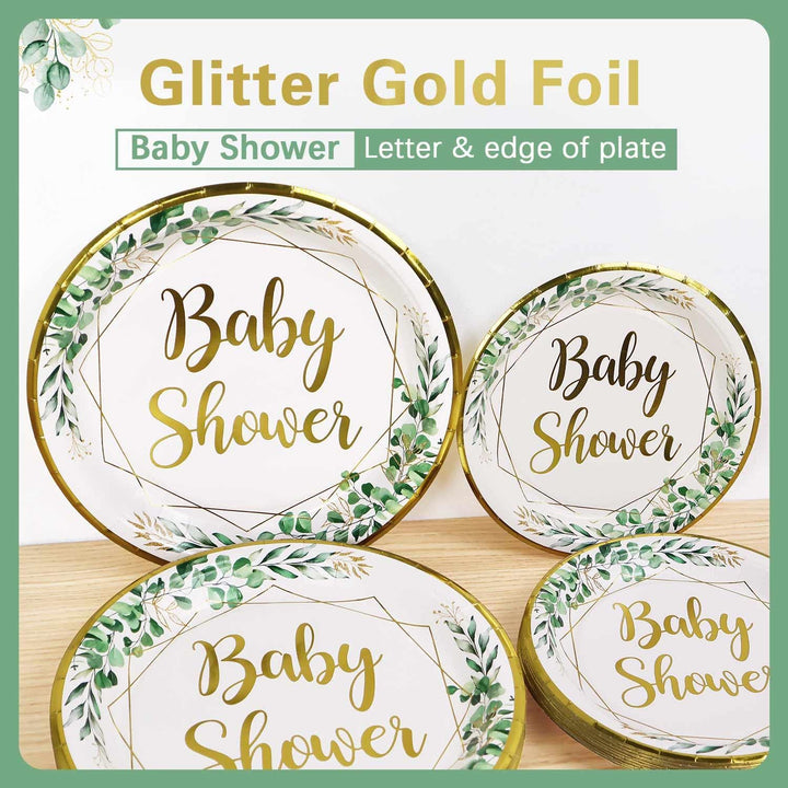 Babyparty Deko Neutral Partygeschirr Set für 25 Personen, 100 Stück Grün Gold wiederverwendbare Kart