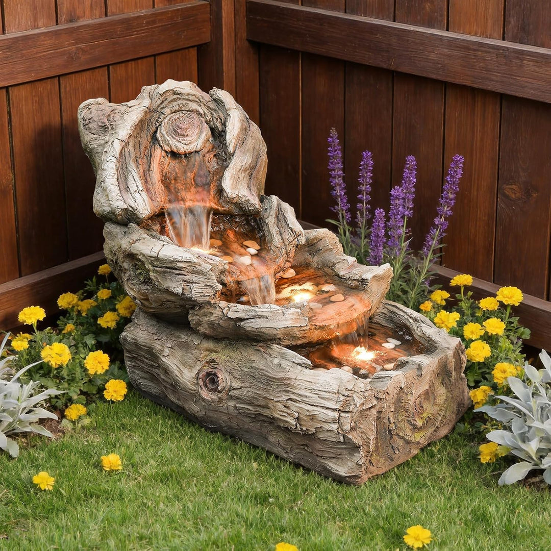 Sunlinua 4-stufige Gartenbrunnen in Holzoptik aus Harz mit LED-Beleuchtung – 80 cm Wasserfall, Garte