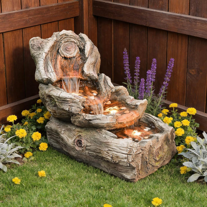 Sunlinua 4-stufige Gartenbrunnen in Holzoptik aus Harz mit LED-Beleuchtung – 80 cm Wasserfall, Garte