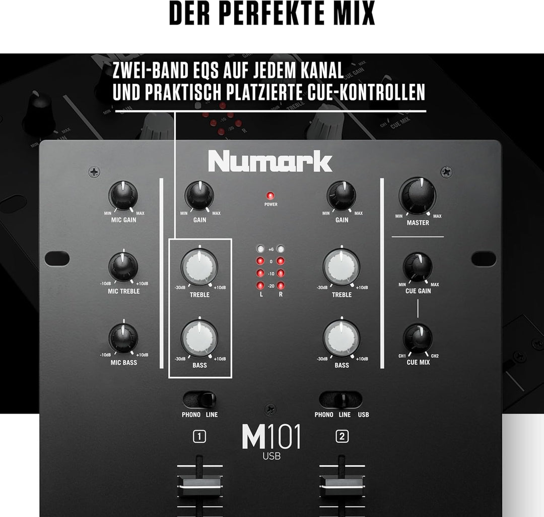 Numark M101USB - 2-Kanal DJ-Mixer, Rack-montierbar mit 2-Band EQ, integriertem Audio Interface, Mikr