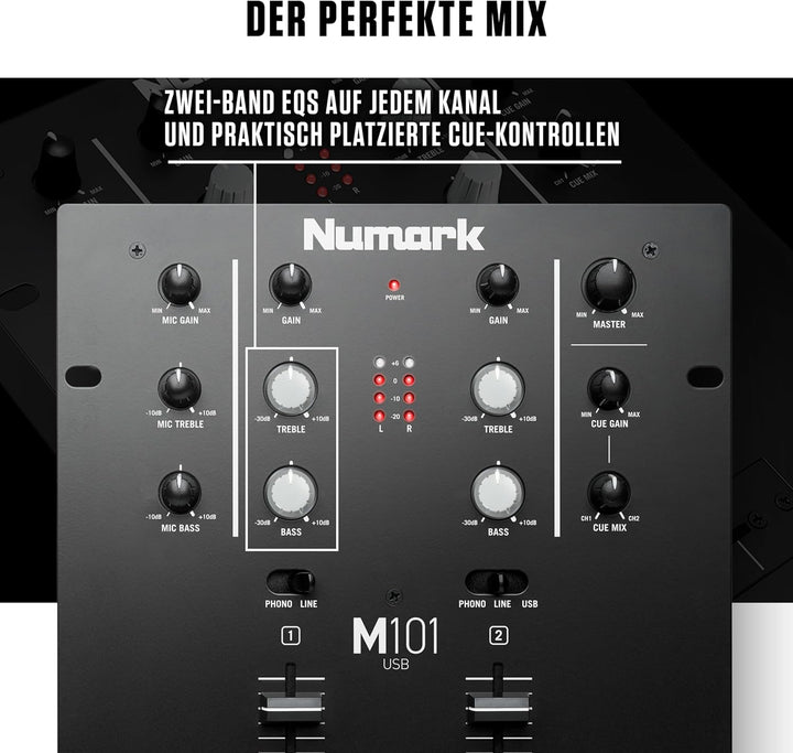 Numark M101USB - 2-Kanal DJ-Mixer, Rack-montierbar mit 2-Band EQ, integriertem Audio Interface, Mikr