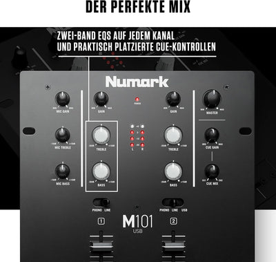 Numark M101USB - 2-Kanal DJ-Mixer, Rack-montierbar mit 2-Band EQ, integriertem Audio Interface, Mikr