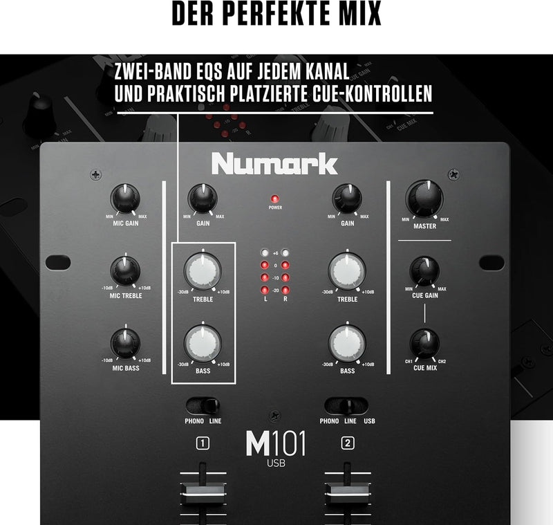 Numark M101USB - 2-Kanal DJ-Mixer, Rack-montierbar mit 2-Band EQ, integriertem Audio Interface, Mikr