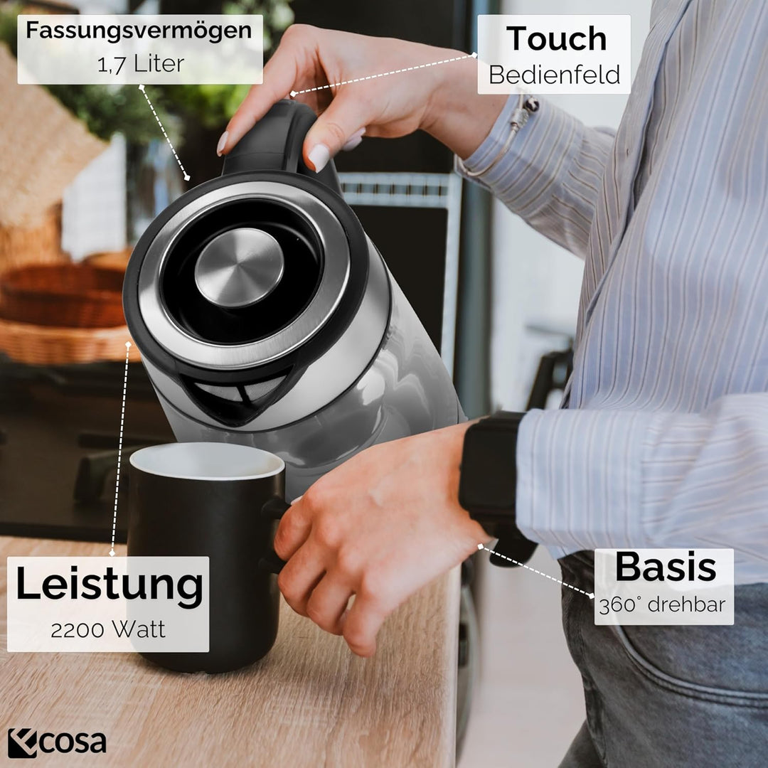Ecosa® Glas Wasserkocher mit Teesieb und Temperatureinstellung Edelstahl – Teekocher Glas Edelstahl