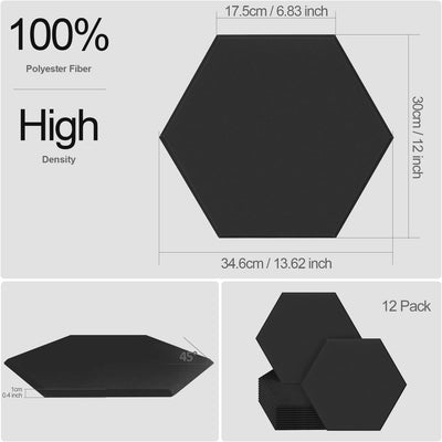 JBER Sechseckige Akustikpaneele, Schalldichtes Interieur, Schallabsorbierende Paneele, 35,6 x 30 x 1