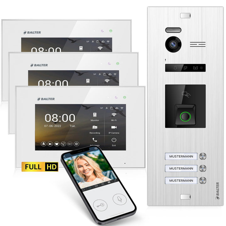 Balter EVO-HD Video Türsprechanlage mit Fingerprint, Video Türklingel, Smartphone App, 3 Familienhau