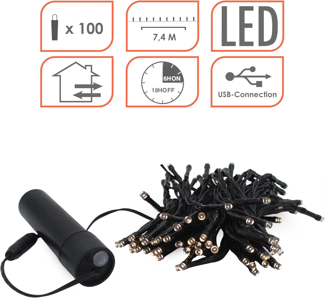 Akku Lichterkette per USB aufladbar bis 10 Tage Leuchtdauer mit Timer - 100 LED auf 7,4m - Aussen De