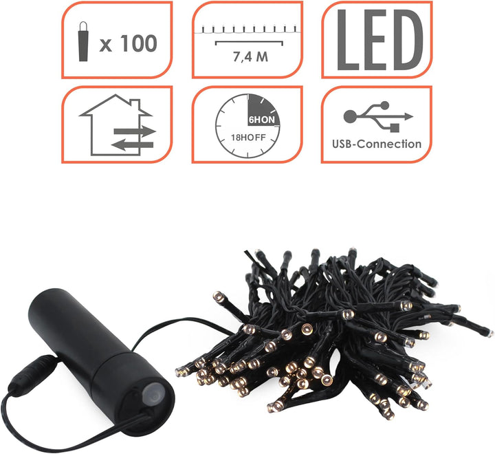 Akku Lichterkette per USB aufladbar bis 10 Tage Leuchtdauer mit Timer - 100 LED auf 7,4m - Aussen De