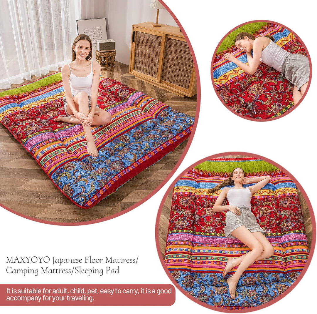 MAXYOYO Böhmische Retro-Bodenmatratze, Vintage-Blumenmuster, japanische Futon-Matratze, aufrollbar,