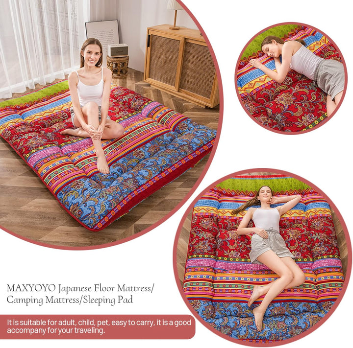 MAXYOYO Böhmische Retro-Bodenmatratze, Vintage-Blumenmuster, japanische Futon-Matratze, aufrollbar,