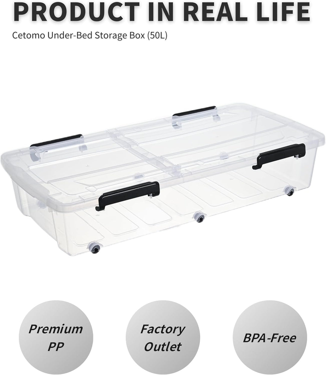 Cetomo,50L,4er-Pack, Aufbewahrungsbox mit deckel,Aufbewahrungsboxen, mit Clips, stapelbar, Wohnzimme