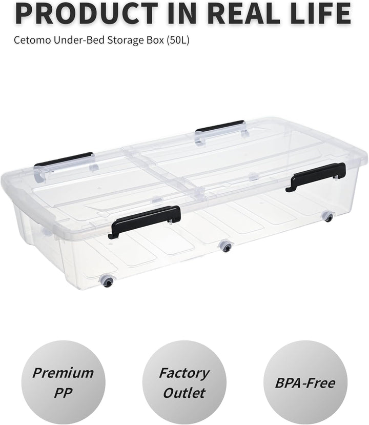 Cetomo,50L,4er-Pack, Aufbewahrungsbox mit deckel,Aufbewahrungsboxen, mit Clips, stapelbar, Wohnzimme