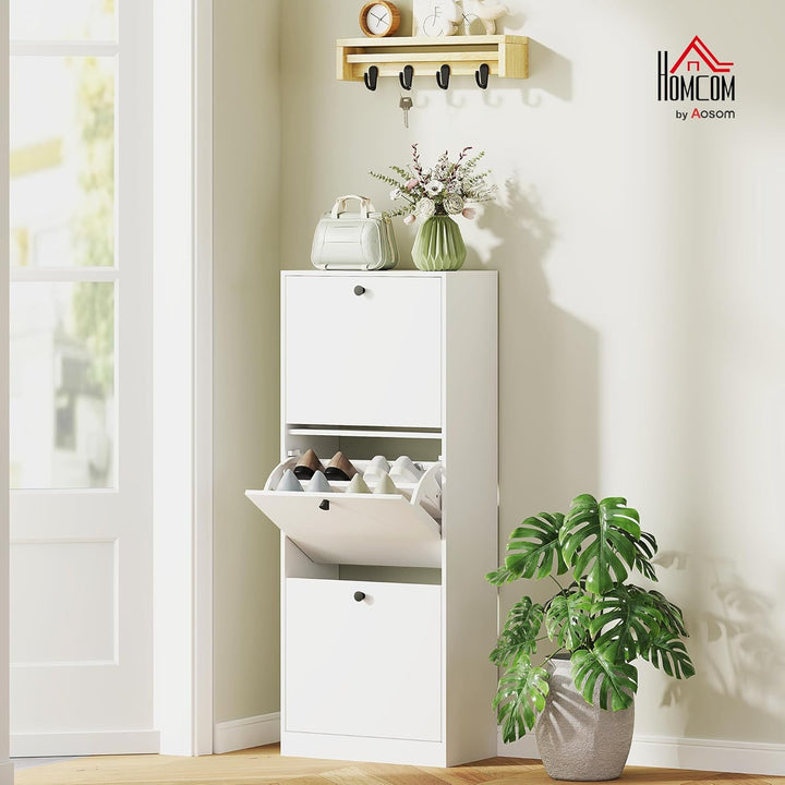 HOMCOM Schuhschrank mit 3 Klappen, Schuhregal mit Verstellbar Trennwand, Schuhkommode Schmal Schuhki