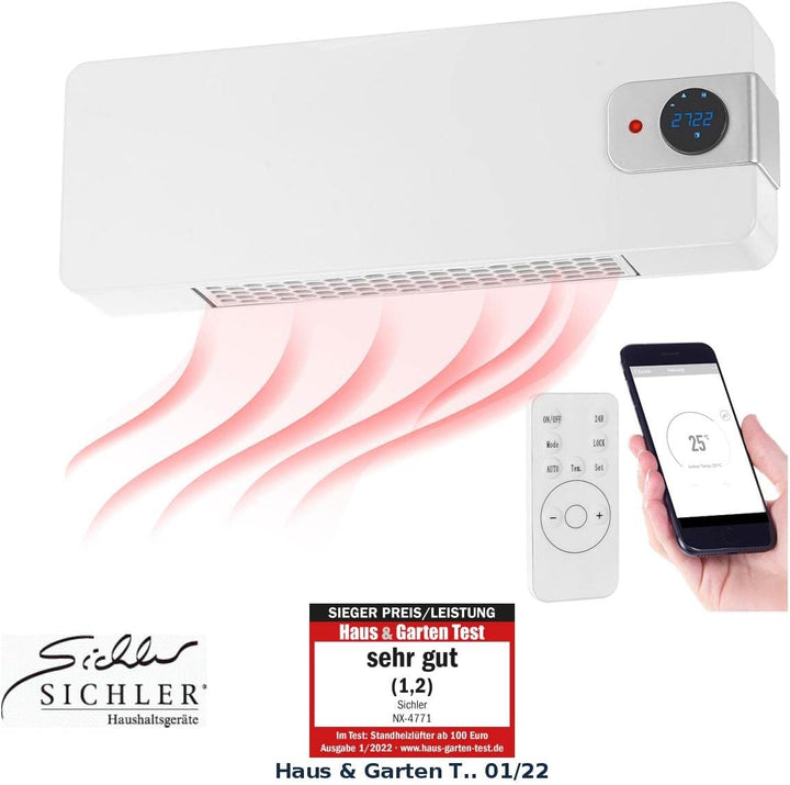 Sichler Haushaltsgeräte Heizlüfter WLAN: WLAN-Keramik-Wandheizlüfter, LED-Display, 2.000 W, App, Goo