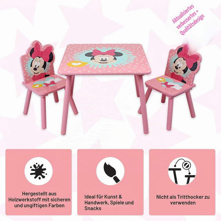 Disney Minnie Maus Tisch- und Stuhl-Set für 2 Personen, hält bis zu 30 kg pro Hocker, perfekt zum Sp