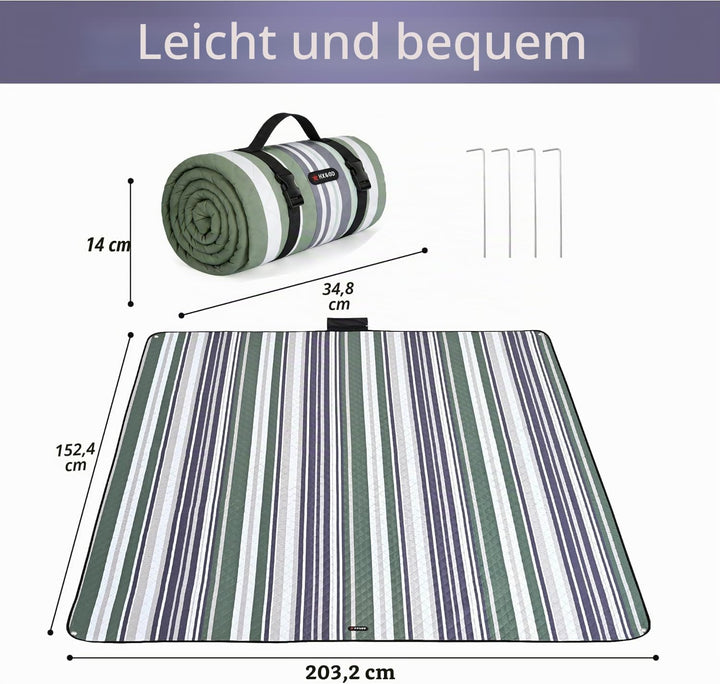 HX&OD Outdoor-Picknickdecke, extra gross, 203 x 152 cm, wasserdichte Picknickmatte mit Heringen, fal