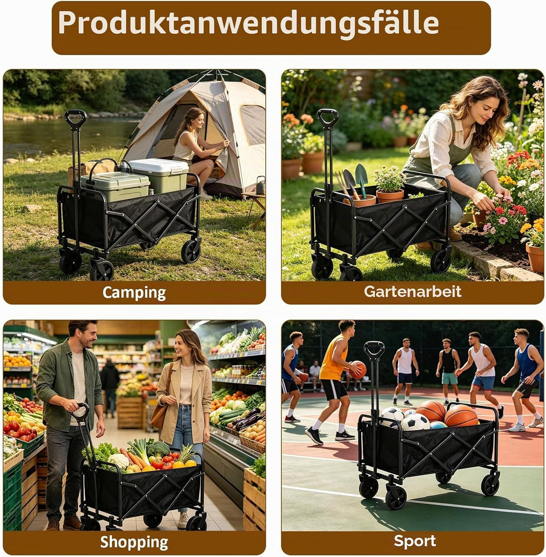 Klappbarer Bollerwagen 100L, Faltbarer Transportwagen bis 150kg/330lbs, Strandwagen mit Verstellbare