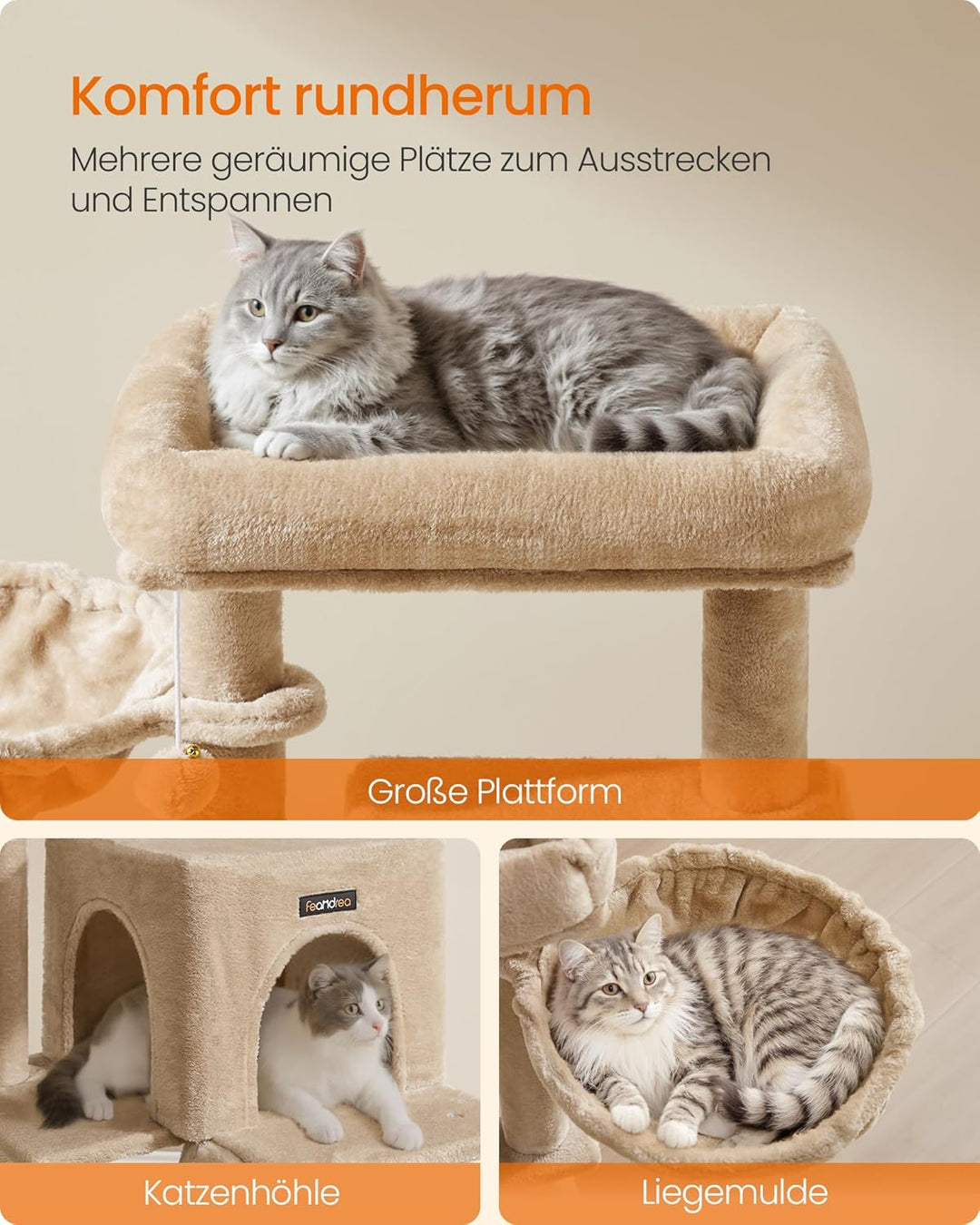 Feandrea Kratzbaum, 96 cm hoch, Katzenbaum mit grosser Plattform, Katzenkratzbaum mit Katzenhöhle, H