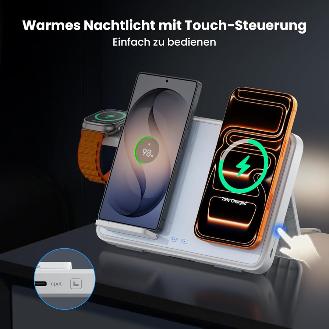 Dual Induktive Ladestation mit Nachtlicht für MagSafe – Faltbarer 4-in-1 Wireless Dock für iPhone, S