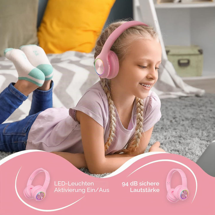PowerLocus Kinderkopfhörer Bluetooth, Kinder Kopfhörer Kabellos mit LED-Leuchten und 94DB Lautstärke