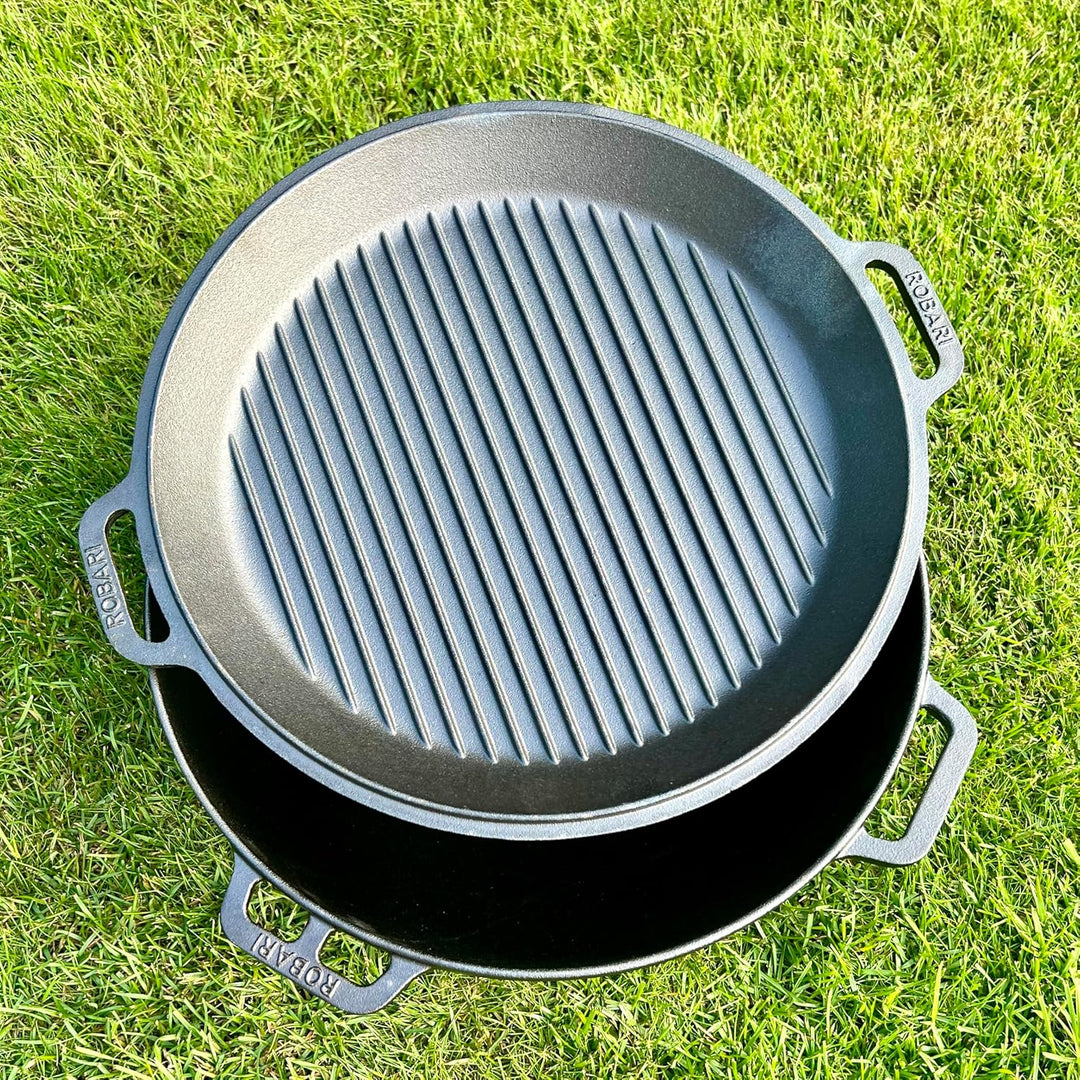 ROBARI Gusseisen Kasan 12 L mit GRILLDECKEL + Schaumlöffel KAZAN Wok Gulaschkessel