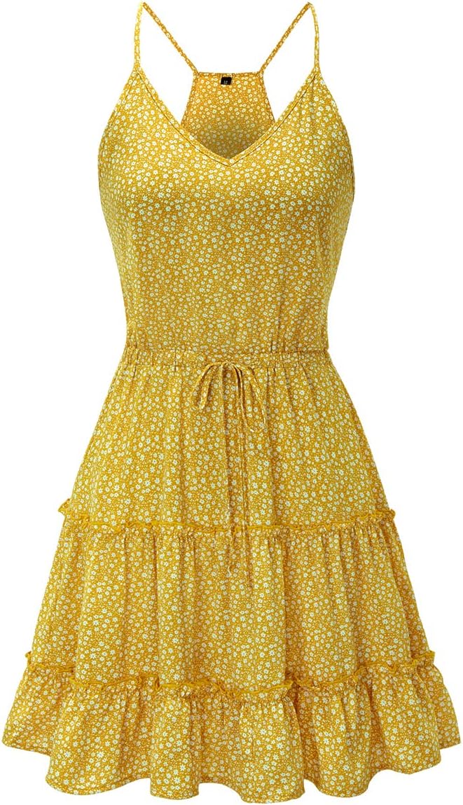 Newshows Sommerkleid Damen Knielang Spaghettiträger Kleid V-Ausschnitt Strandkleider M A1floral 02,