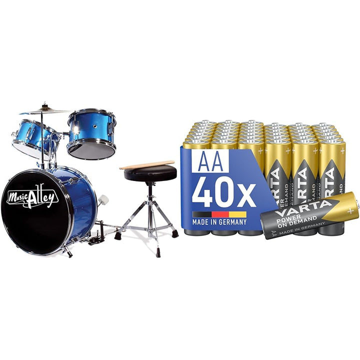 Music Alley Junior Drum Kit for Kids with Kick Drum Pedal & VARTA Batterien AA Blue Bundle mit AA Mi