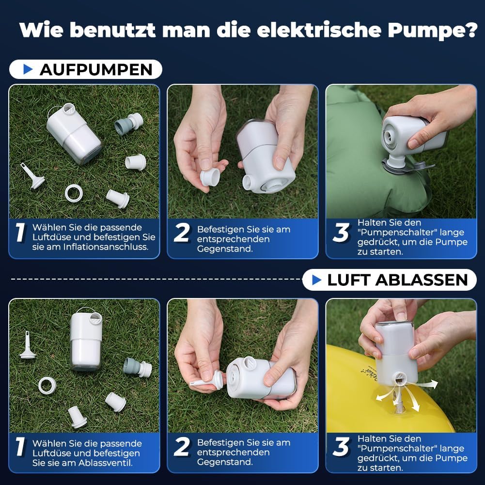 Elektrische Luftpumpe 4000Pa, Mini Pumpe Luftpumpe für Luftmatratze mit Wiederaufladbare Akku, mit 5