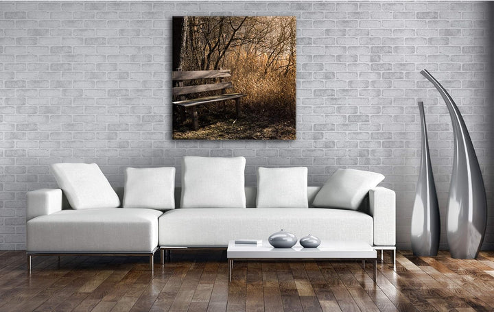 deyoli einsame Bank im Wald Format: 70x70 als Leinwandbild, Motiv fertig gerahmt auf Echtholzrahmen,