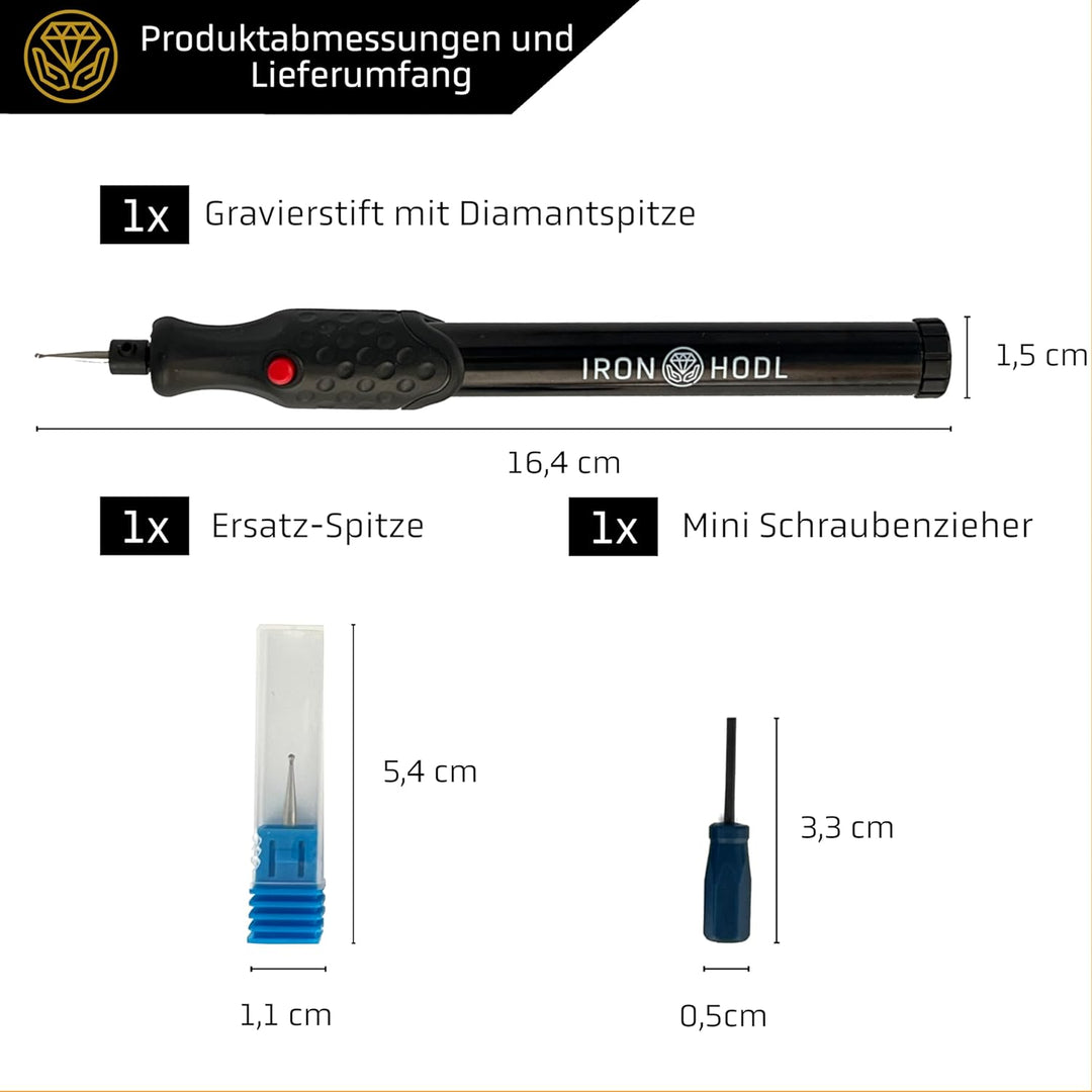 IRON HODL - Gravierstift mit Diamantspitze für Metall, Keramik, Glas gravieren - 2X AAA Batteriebetr