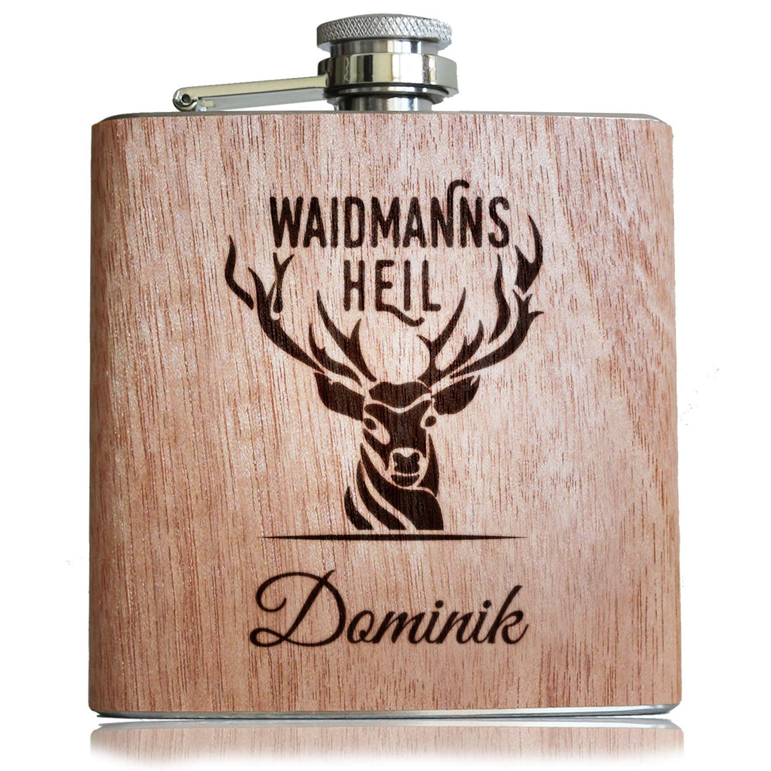 Persönliches Geschenk für Jäger Waidmannsheil Holz Flachmann mit individueller Gravur von eigenem Na