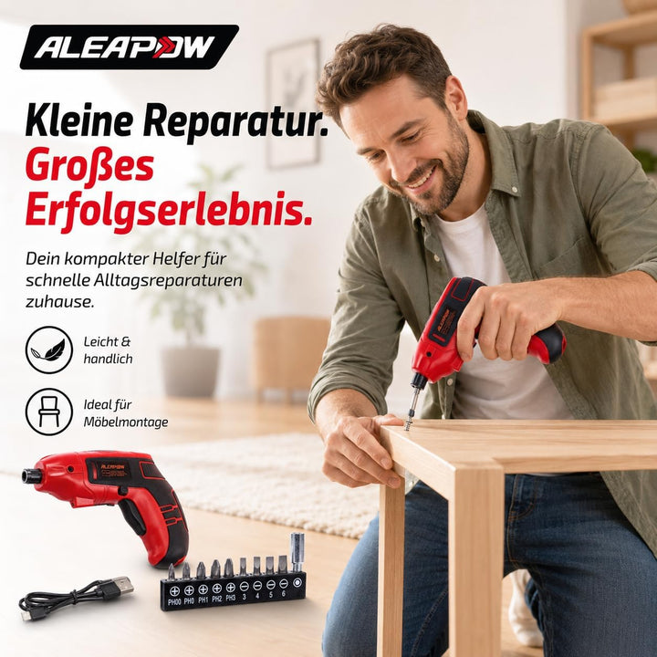 Mini Akku-Schrauber 3,6V, 200 U/Min, 5 Nm, 2000mAh, mit 9+1 Bits, LED-Licht, USB-Ladekabel – kompakt