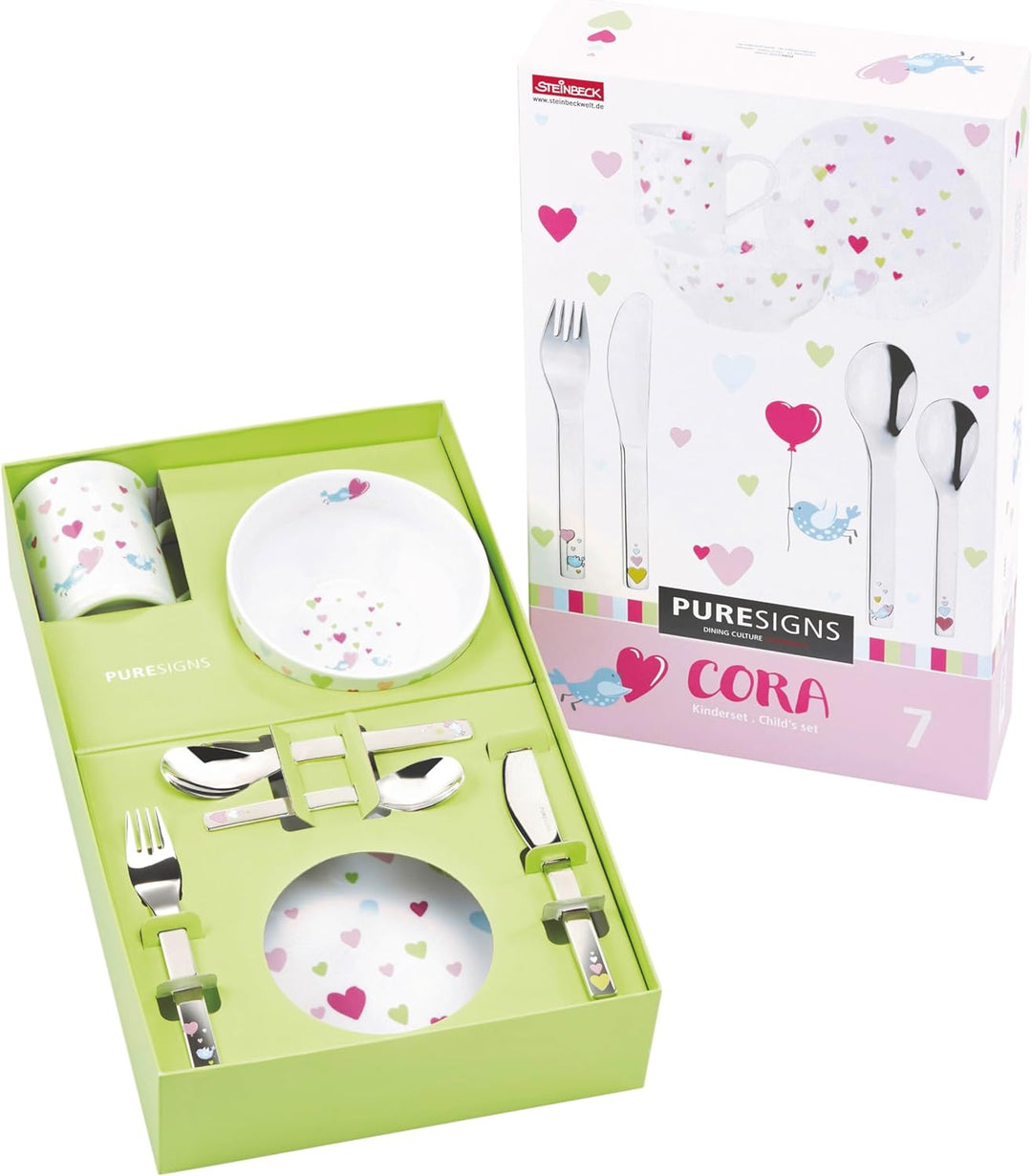 PURESIGNS Kinderset 7-teilig CORA Porzellan & Edelstahl 18/10 – Geschirr + Besteck, BPA-frei & spülm