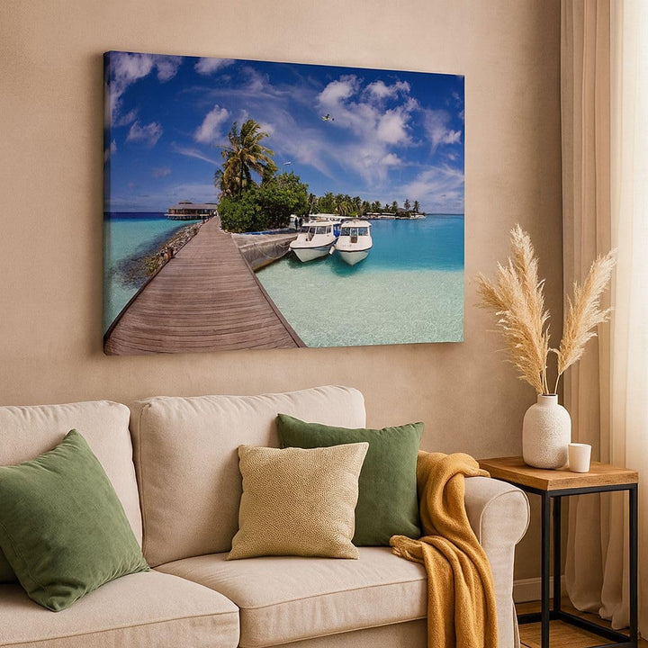 Bilder auf Leinwand 100x70cm Leinwandbild Maledische Insel Archipel Ozean Hütte Gross Wanddeko Bild