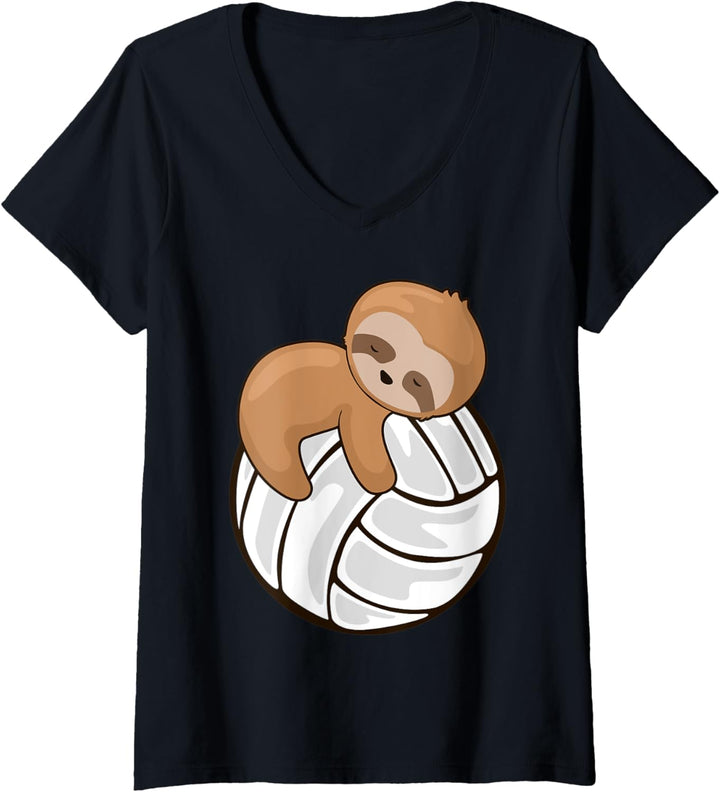 Damen Volleyball mit Faultier-Motiv T-Shirt mit V-Ausschnitt