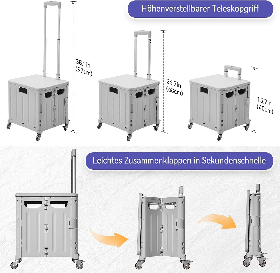 Einkaufstrolley Klappbar, Einkaufskorb mit Deckel 45L Kapazität, Alu Teleskopgriff, Faltbarer Shoppi