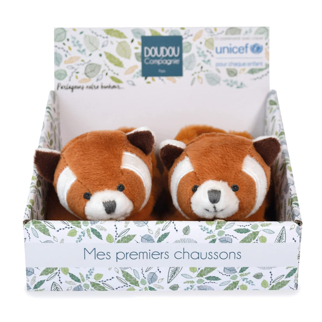 Doudou et Compagnie – Hausschuhe Panda rot – Unicef – offene Box – integrierte Rassel – Geschenkidee