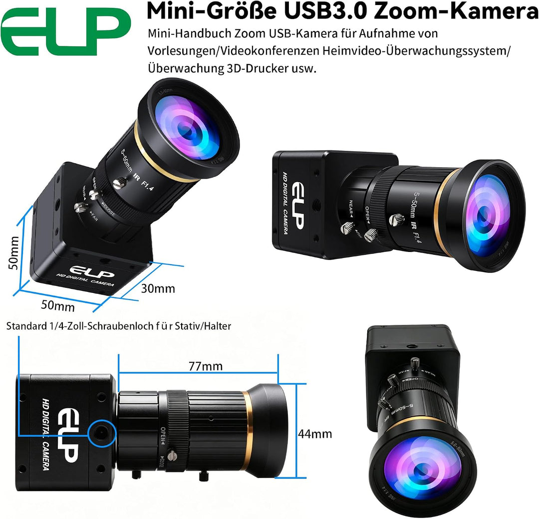 G ELP High Speed Global Shutter USB3.0 Zoom Kamera, 720P/200fps, 1200P/120fps, 5-50mm 10X Zoom Webca