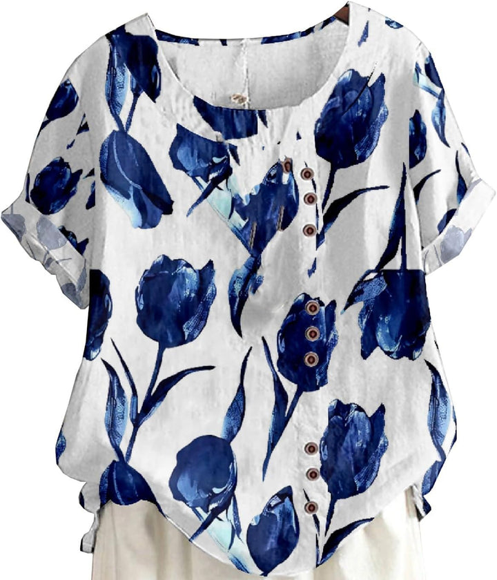 Generisch Latzhose Damen Kurz Baumwolle und Leinen, Knopfleiste, Boho-Blumenmuster, Kurzarm Damen We