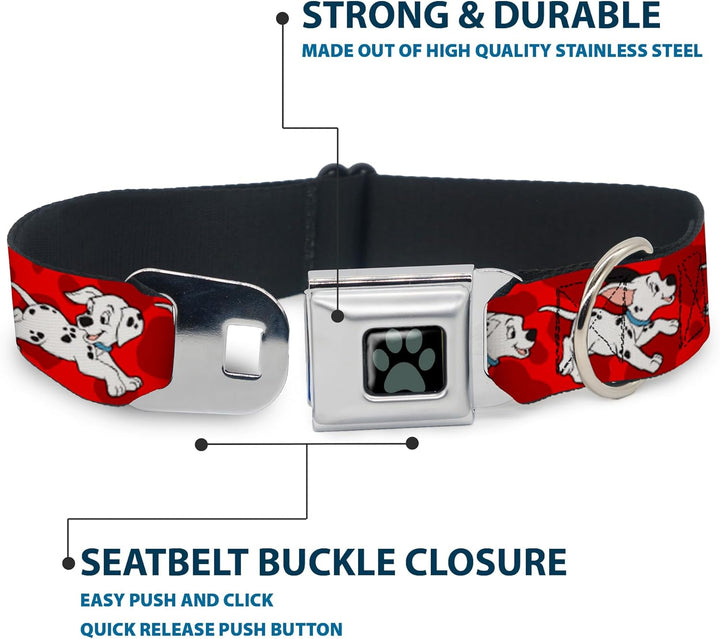 Buckle-Down Seatbelt Buckle Dog Collar - Dalmatians Running/Paws Reds/White/Black - 1" Wide - Fits 1
