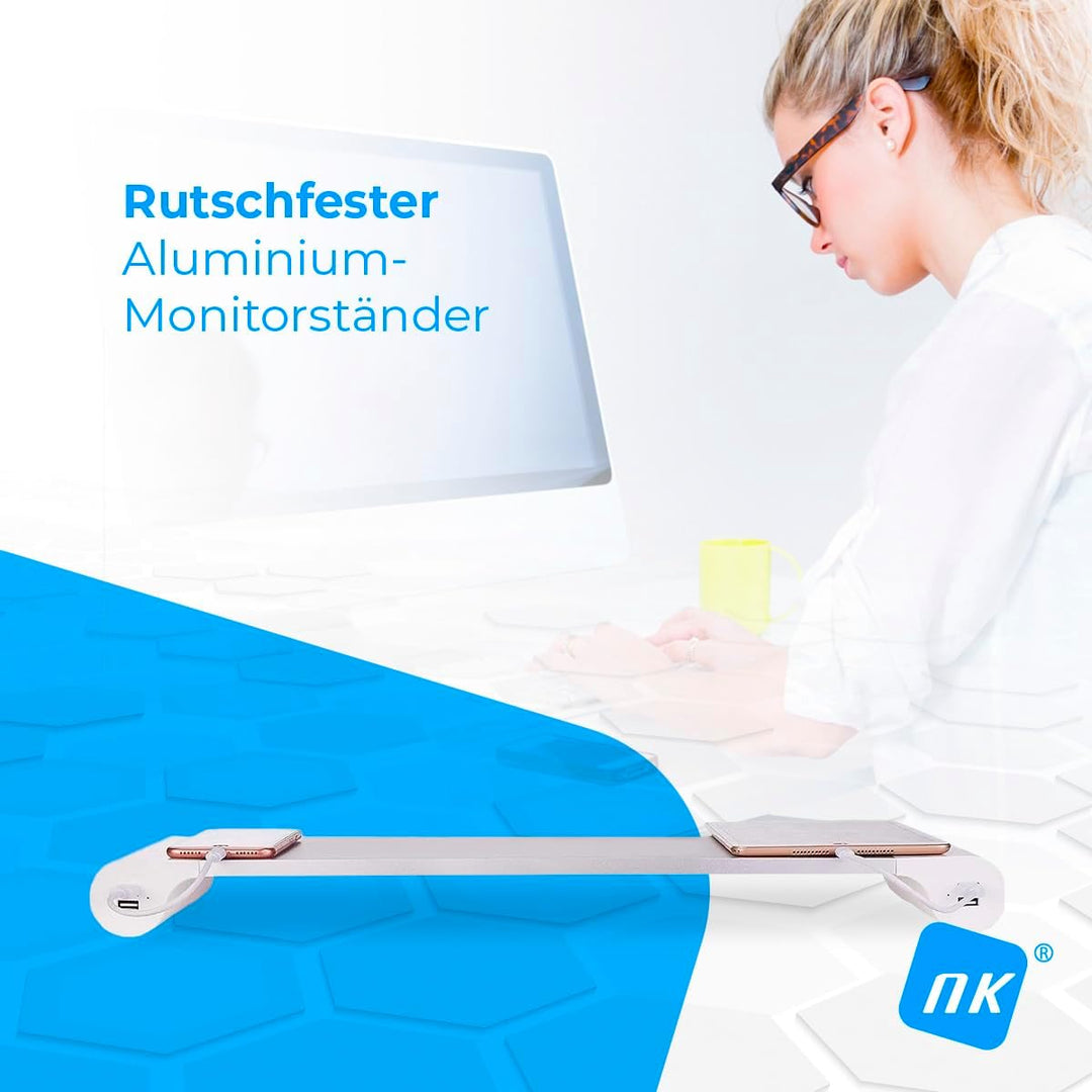 NK Tragbarer Monitorständer - Anti-Rutsch Aluminium, Computer-Riser, 4 USB-Ladeanschlüsse, 22W, bis