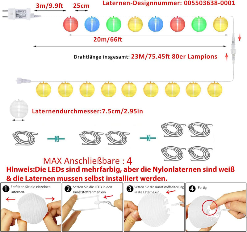 20M LED Lampions Lichterkette Aussen Strom, Warmweiss und Bunt 11 Modi Lampion Lichterkette mit Fern