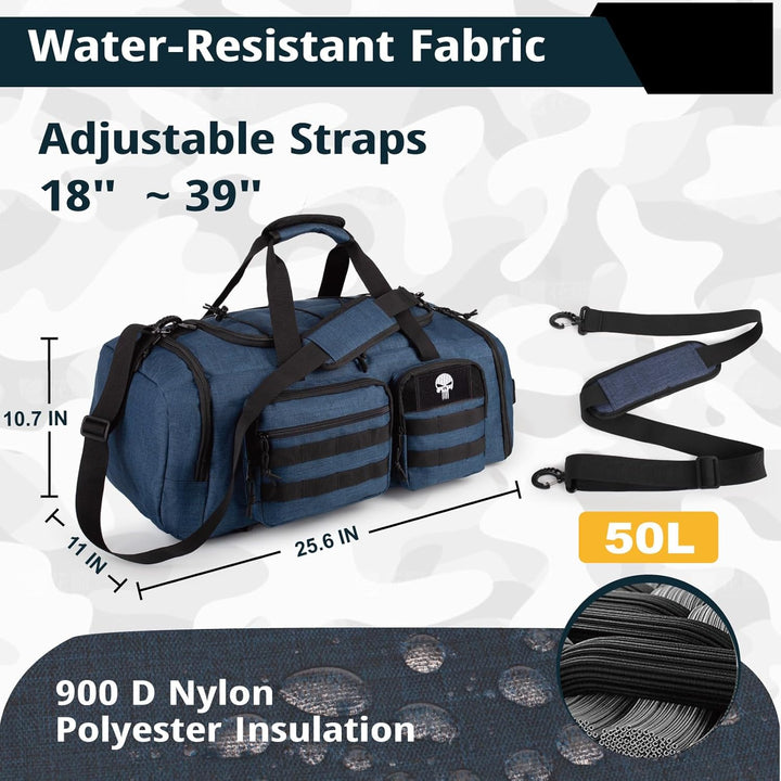 Taktische Sporttasche für Herren, 50L Grosse 3-in-1-Sport-Reisetasche mit Schuhfach, Wasserabweisend