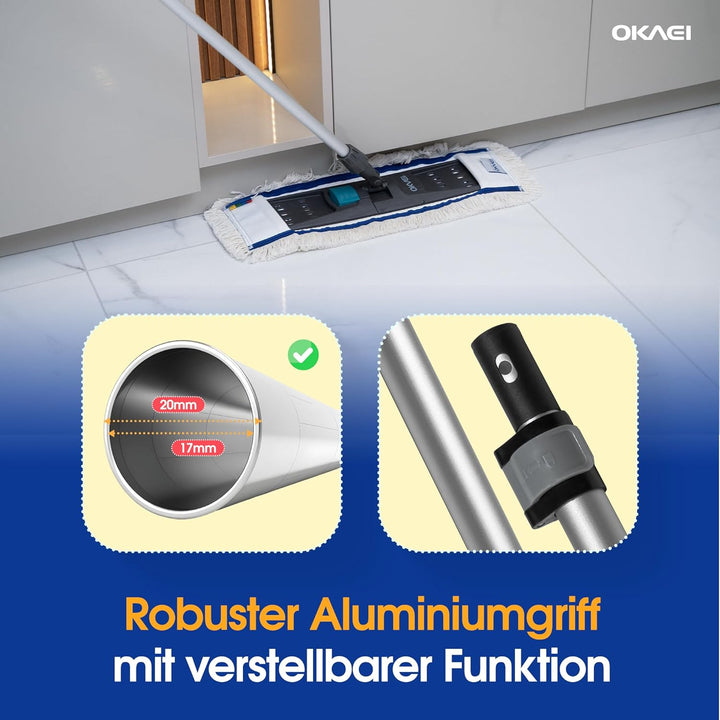 OKAEI Mophalter 50 cm + Alu Teleskopstiel 80–145 cm – Set – Profi Bodenwischer-System mit 360° Drehk