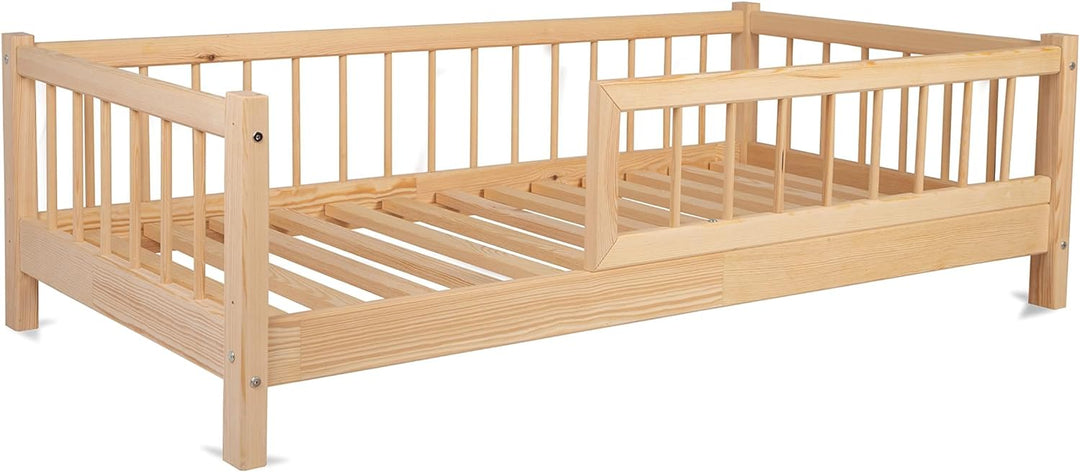 Alije Kinderbett Bett mit Rausfallschutz 90x190cm NINA Lattenrost Bettgestell aus Kiefer Holz für Ha