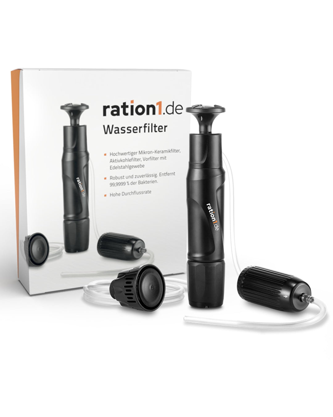 ration1 Wasserfilter mit hoher Durchflussrate von 1,1 Liter pro Minute. Der Pumpfilter entfernt 99,9